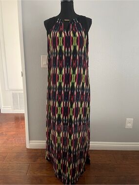 London Times Sleeveless Maxi Dress in Black, Pink and Green Ikat Print